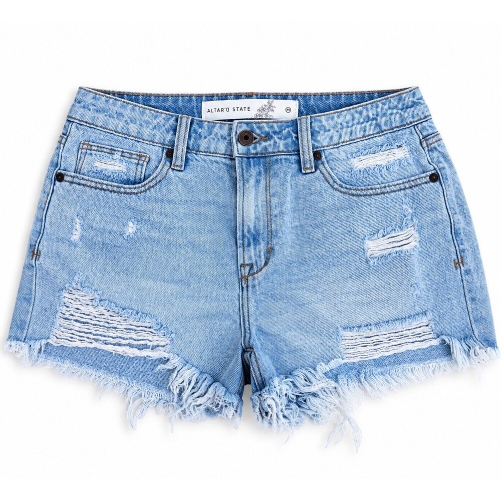 Altar'd State Womens M Distressed Denim Shorts Light Wash Frayed Cutoff Jean c26